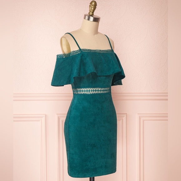 Flying Tomato Off Shoulder Crochet Mini Faux Suede Green Dress, Large - Picture 2 of 10